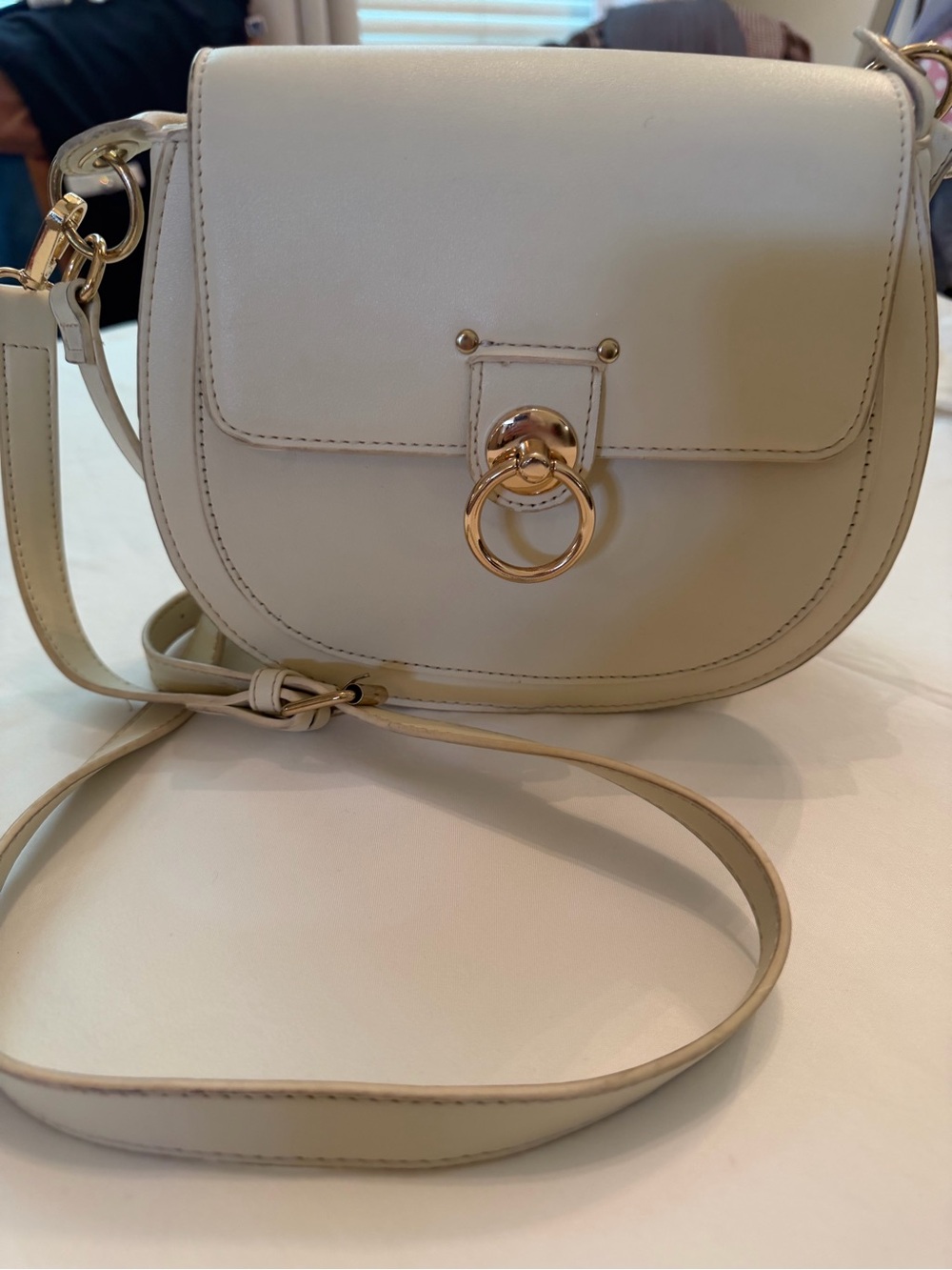 Badgley Mischka Cream  Leather Crossbody Bag with Gold Ring Hardware